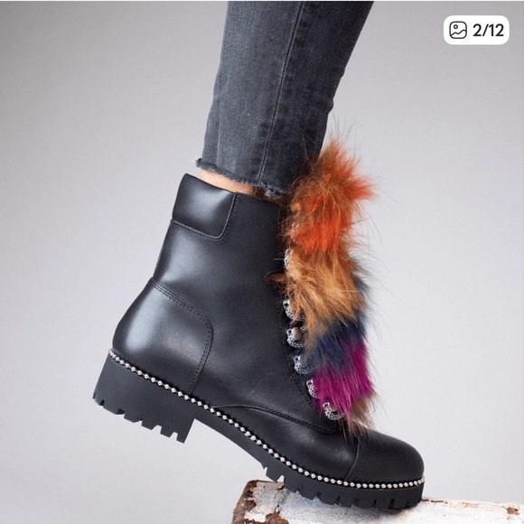 CECILIA NEW YORK Black Leather Trekker Boots with Multicolor Fur Trim - Picture 2 of 12